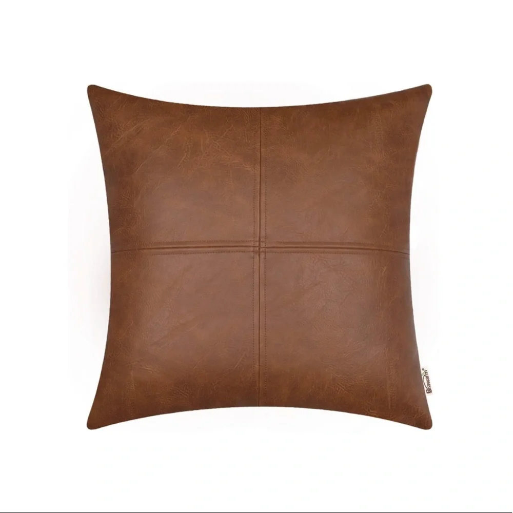 Luxury Home | Rustic Boho Brown Faux Leather Double Stitched Throw Pillow Cover